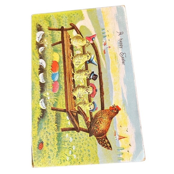 Vtg 1917 Postcard Anthropomorphic Chicks Rooster on Bench Colored Eggs Bucolic - Picture 3 of 9